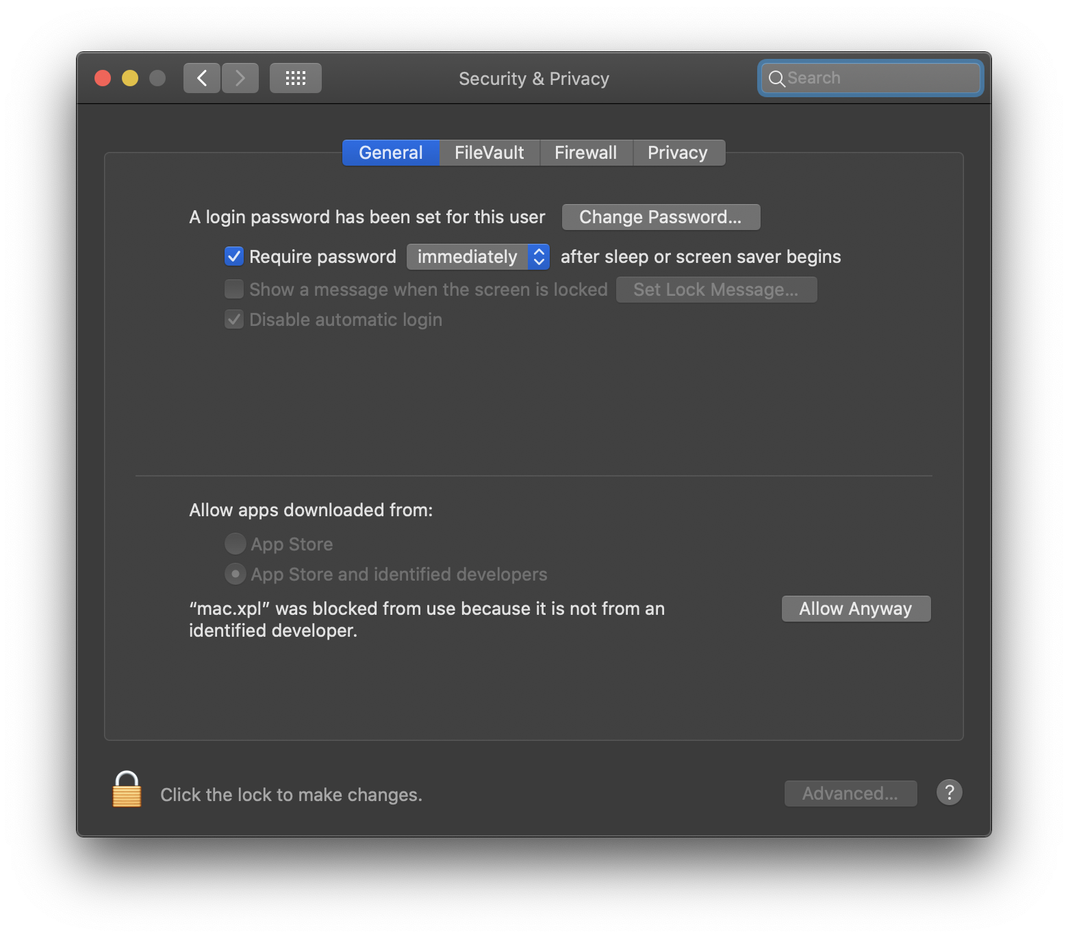 Security and privacy settings to allow mac.xpl