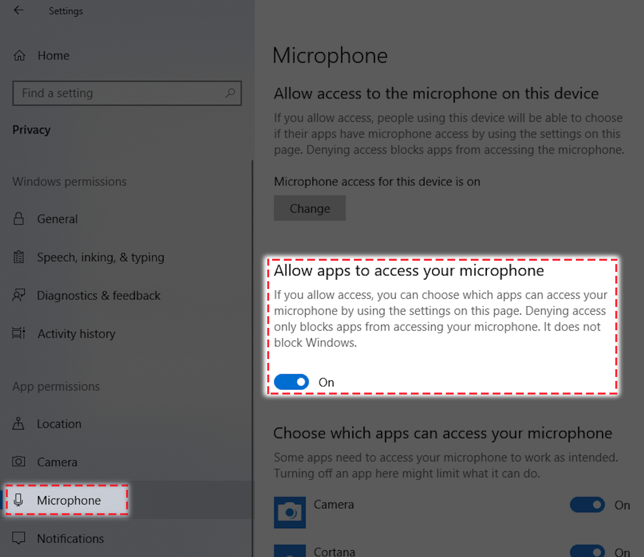 Image of the Windows 10 microphone permissions dialog